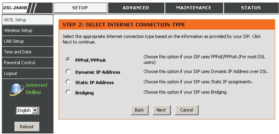 D-LINK DSL-2640B - ÉTAPE 2 : SELECTIONNEZ LE TYPE DE ConnEXION À INTERNET - 1