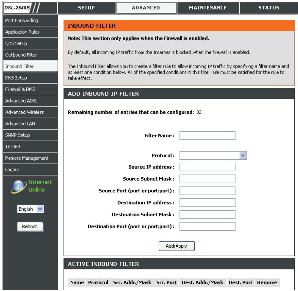 D-LINK DSL-2640B - AJOUTER UN FILTRE IP ENTRANT - 1