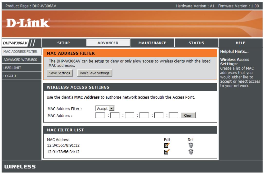 D-LINK DHP-W311AV - Filtre d'adresse MAC - 1