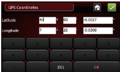GPS Coordinates Latitude 43° 03° -8.0027" Longitude 7° 32° -0.0300" 1 2 3 4 5 6 7 8 9 0 - DEL OK