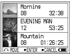 Morning 08 32:38 EVENING MAN 12 53:25 Mountain 08 01:26:25 MOVE •ENTER •CANCEL