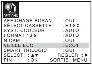 OPTIONS AFFICHAGE ÉCRAN : OUI SÉLECT.CASSETTE : E180 SYST. COULEUR : AUTO FORMAT 16:9 : AUTO NICAM : OUI VEILLE ECO : ECO1 SMART TRILOGIC : OUI SÉLECT. : ▲▼ RÉGLER : ► FIN : OK SORTIE : MENU