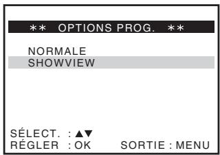 ** OPTIONS PROG. ** NORMALE SHOWVIEW SÉLECT. : ▲▼ RÉGLER : OK SORTIE : MENU