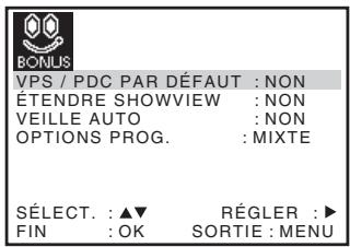 VPS / PDC PAR DÉFAUT : NON ETENDRE SHOWVIEW : NON VEILLE AUTO : NON OPTIONS PROG. : MIXTE SÉLECT. : ▲▼ RÉGLER : ► FIN : OK SORTIE : MENU