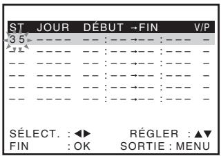 ST JOUR DÉBUT →FIN V/P 35 SÉLECT. : ◀► RÉGLER : ▲▼ FIN : OK SORTIE : MENU
