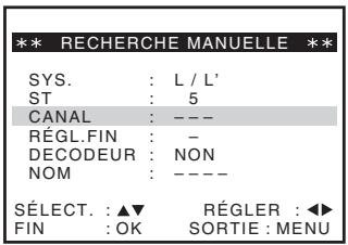 ** RECHERCHE MANUELLE ** SYS. : L / L' ST : 5 CANAL : --- RÉGL.FIN : - DECODEUR : NON NOM : ---- SELECT. : ▲▼ RÉGLER : ◀► FIN : OK SORTIE : MENU