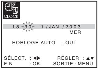 1 8 30 1 / JAN / 2003 MER HORLOGE AUTO : OUI SELECT. : ◀► RÉGLER : ▲▼ FIN : OK SORTIE : MENU