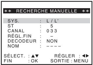 ** RECHERCHE MANUELLE ** SYS. : L / L' ST : 5 CANAL : 0 3 3 RÉGL.FIN : - DECODEUR : NON NOM : ---- SÉLECT. : ▲▼ RÉGLER : ◀► FIN : OK SORTIE : MENU