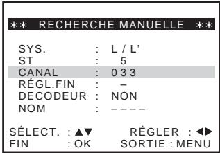 ** RECHERCHE MANUELLE ** SYS. : L / L' ST : 5 CANAL : 0 3 3 RÉGL.FIN : - DECODEUR : NON NOM : ---- SÉLECT. : ▲▼ RÉGLER : ◀► FIN : OK SORTIE : MENU