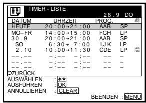 SONY SLV-SE850E - Drücken Sie ↑/↓, um TIMER-LISTE hervorzuheben. Bestätigen Sie mit OK: - 1