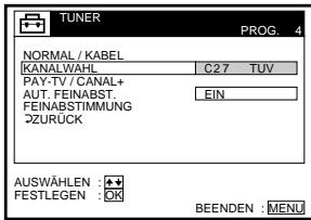 TUNER PROG. 4 NORMAL / KABEL KANAL/WAHL C27 TUV PAY-TV / CANAL+ AUT FEINABST FEINABSTIMMUNG DZURÜCK AIN AUSWÄHLEN : + FESTLEGEN : OK BEENDEN : MENJ