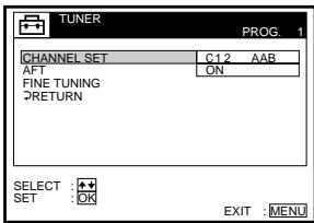 TUNER PROG 1 CHANNEL SET C12 AAB AFT ON FINE TUNING RETURN SELECT : SET : OK EXIT : MENU