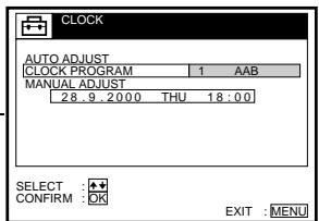 CLOCK AUTO ADJUST CLOCK PROGRAM 1 AAB MANUAL ADJUST 28 9 : 20:00 THU 18 : 0.0 SELECT : + CONFIRM : OK EXIT : MENU