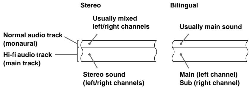 Stereo Usually mixed left/right channels Normal audio track (monaural) Hi-fi audio track (main track) Stereo sound (left/right channels) Bilingual Usually main sound Main (left channel) Sub (right channel)