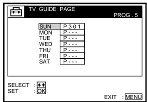 TV GUIDE PAGE PROG .5 SUN P 3 0 1 MON P --- TUE P --- WED P --- THU P --- FRI P --- SAT P --- SELECT : SET : OK EXIT : MENU