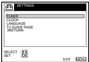 SETTINGS TUNER CLOCK LANGUAGE TV GUIDE PAGE RETURN SELECT : SET : OK EXIT : MENU