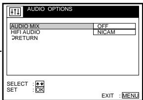 AUDIO OPTIONS AUDIO MIX OFF HIFI AUDIO NICAM RETURN SELECT : ✓ SET : OK EXIT : MENU