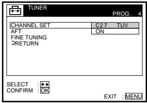 TUNER PROG 4 CHANNEL SET C27 TUV AFT ON FINE TUNING RETURN SELECT :+ CONFIRM :OK EXIT :MENU