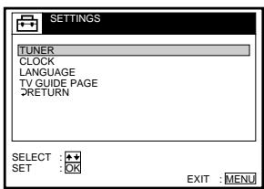 SETTINGS TUNER CLOCK LANGUAGE TV GUIDE PAGE RETURN SELECT : SET : OK EXIT : MENU
