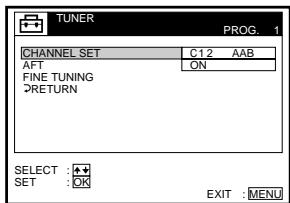 TUNER PROG. 1 CHANNEL SET C12 AAB AFT ON FINE TUNING RETURN SELECT : ♦ SET : OK EXIT : MENU
