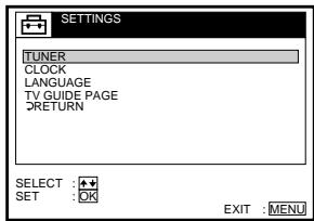 SETTINGS TUNER CLOCK LANGUAGE TV GUIDE PAGE RETURN SELECT : SET : OK EXIT : MENU