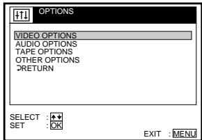 OPTIONS VIDEO OPTIONS AUDIO OPTIONS TAPE OPTIONS OTHER OPTIONS RETURN SELECT : SET : EXIT : MENU