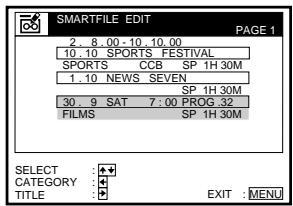 SMARTFILE EDIT PAGE 1 2. 8.00 - 10.10.00 10.10 SPORTS FESTIVAL SPORTS CCB SP 1H 30M 1.10 NEWS SEVEN SP 1H 30M 30.9 SAT 7:00 PROG 32 FILMS SP 1H 30M SELECT CATEGORY TITLE EXIT : MENU