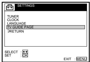 SETTINGS TUNER CLOCK LANGUAGE TV GUIDE PAGE RETURN SELECT : SET : OK EXIT : MENU