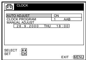 CLOCK AUTO ADJUST ON CLOCK PROGRAM 1 AAB MANUAL ADJUST 28 9 : 20:00 THU 18 : 00 SELECT : OK SET : OK EXIT : MENU