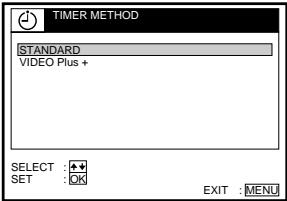 TIMER METHOD STANDARD VIDEO Plus + SELECT : ⬆ SET : OK EXIT : MENU