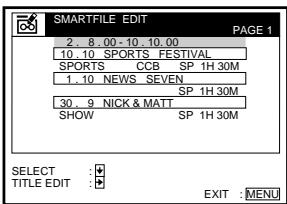 SMARTFILE EDIT PAGE 1 2. 8.00 - 10.10.00 10.10 SPORTS FESTIVAL SPORTS CCB SP 1H 30M 1.10 NEWS SEVEN SP 1H 30M 30.9 NICK & MATT SHOW SP 1H 30M SELECT TITLE EDIT EXIT : MENU