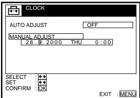 CLOCK AUTO ADJUST OFF MANUAL ADJUST 28 9 : 20.00 THU 0 : 0 SELECT : + + SET : + + CONFIRM : OK EXIT : MENU