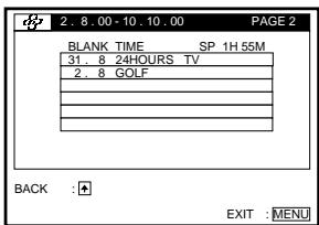 2.8.00-10.10.00 PAGE 2 BLANK TIME SP 1H 55M 31.8 24HOURS TV 2.8 GOLF BACK : EXIT : MENU