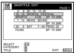 SMARTFILE EDIT PAGE 1 2. 8.00 - 10.10.00 10.10 SPORTS FESTIVAL SPORTS CCB SP 1H30M 1.10 NEWS SEVEN SP 1H30M 30.9 SAT 7:00 PROG-32 FILMS SP 1H30M SELECT CATEGORY TITLE EXIT : MENU