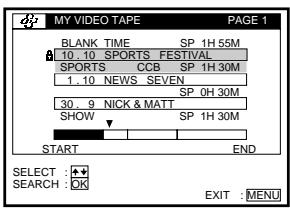 MY VIDEO TAPE PAGE 1 BLANK TIME SP 1H 55M 10.10 SPORTS FESTIVAL SPORTS CCB SP 1H 30M 1.10 NEWS SEVEN SP 0H 30M 30.9 NICK & MATT SHOW SP 1H 30M START END SELECT : SEARCH : OK EXIT : MENU