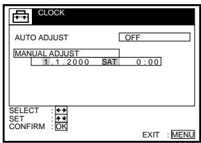 CLOCK AUTO ADJUST OFF MANUAL ADJUST 1.1.2000 SAT 0:00 SELECT :+- SET :+- CONFIRM :OK EXIT :MENU