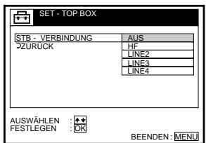 SET - TOP BOX STB - VERBINDUNG AUS HF LINE2 LINE3 LINE4 AUSWÄHLEN : FESTLEGEN : OK BEENDEN: MENU