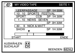 MY VIDEO TAPE SEITE 1 LEERPASSAGE SP 1H 55M 10.10 SPORTS FESTIVAL SPORT CCB SP 1H 30M 1.10 NEWS SEVEN SP 0H 30M 30.9 NICK & MATT SHOW SP 1H 30M START ENDE AUSWÄHLEN : + SUCHLAUF : OK BEENDEN: MENU