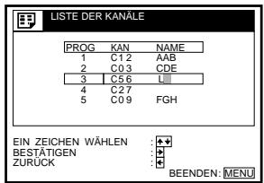 LISTE DER KANÄLE PROG KAN NAME 1 C1 2 AAB 2 C0 3 CDE 3 C5 6 LII 4 C2 7 5 C0 9 FGH EIN ZEICHEN WÄHLEN BESTÄTIGEN ZURUCK BEENDEN: MENU