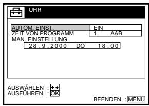 UHR AUTOM_EINST. EIN ZEIT VON PROGRAMM 1 AAB MAN_EINSTELLUNG 28 9 : 20.00 DO 18 : 0.0 AUSWÄHLEN AUSFÜHREN : OK BEENDEN : MENU