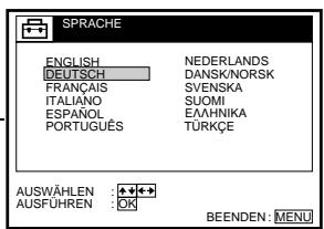 SPRACHE ENGLISH DEUTSCH FRANÇAIS ITALIANO ESPAÑOL PORTUGUÊS NEDERLANDS DANSKNORSK SVENSKA SUOMI EALHNIKA TÜRKÇE AUSWÄHLEN : 🧠️ ✉️ AUSFÜHREN : OK BEENDEN : MENU