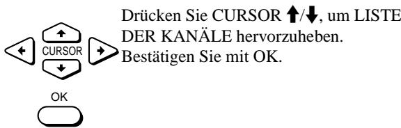 Drücken Sie CURSOR ↑/↓, um LISTE DER KANÄLE hervorzuheben. Bestätigen Sie mit OK.