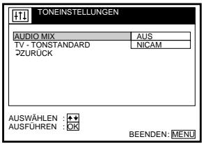 TONEINSTELLUNGEN AUDIO MIX TV - TONSTANDARD ZURUCK AUS NICAM AUSWÄHLEN AUSFÜHREN OK BEENDEN: MENU