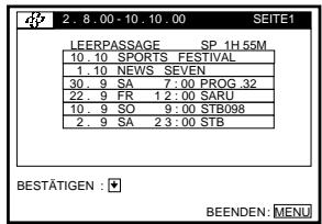2. 8.00 - 10. 10.00 SEITE1 LEERPASSAGE SP 1H 55M 10. 10 SPORTS FESTIVAL 1. 10 NEWS SEVEN 30. 9 SA 7:00 PROG 32 22. 9 FR 12:00 SARIJ 10. 9 SQ 9:00 STB098 2. 9 SA 23:00 STB BESTÄTIGEN : BEENDEN: MENU