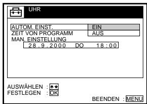 UHR AUTOM. EINST EIN ZEIT VON PRÖGRAMM AUS MAN. EINSTELLUNG 28 9 : 20:00 DO 18 : 00 AUSWÄHLEN : + FESTLEGEN : OK BEENDEN : MENU