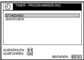 TIMER - PROGRAMMIERUNG STANDARD SHOWVIEW AUSWÄHLEN : + AUSFÜHREN : OK BEENDEN : MENU
