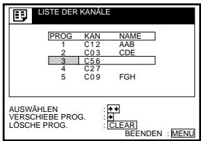 LISTE DER KANALE PROG KAN NAME 1 C12 AAB 2 C03 CDE 3 C56 4 C27 5 C09 FGH AUSWÄHLEN VERSCHIEBE PROG. LÖSCHÉ PROG. : CLEAR : MENU