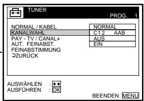 TUNER PROG. 1 NORMAL / KABEL NORMAL KANALWAHL C12 AAB PAY - TV / CANAL+ AUT. FEINABST. EUS FEINABSTIMMUNG EIN ZURÜCK AUSWÄHLEN : + AUSFUHREN : OK BEENDEN: MENU
