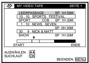 MY VIDEO TAPE SEITE 1 LEERPASSAGE SP 1H 55M 10.10 SPORTS FESTIVAL SPORT CCB SP 1H 30M 1.10 NEWS SEVEN SP 0H 30M 30.9 NICK & MATT SP 1H 30M SHOW START ENDE AUSWÄHLEN SUCHLAUF : OK BEENDEN: MENU