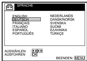 SPRACHE ENGLISH DEUTSCH FRANÇAIS ITALIANO ESPAÑOL PORTUGUÊS NEDERLANDS DANSKNORSK SVENSKA SUOMI EALHNIKA TÜRKÇE AUSWÄHLEN : +•••+ AUSFÜHREN : OK BEENDEN: MENU